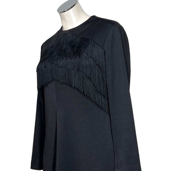 VINTAGE Long Sleeve Black Fringe Evening Gown Cocktail Dress Size 4-6 Medium - Picture 6 of 16